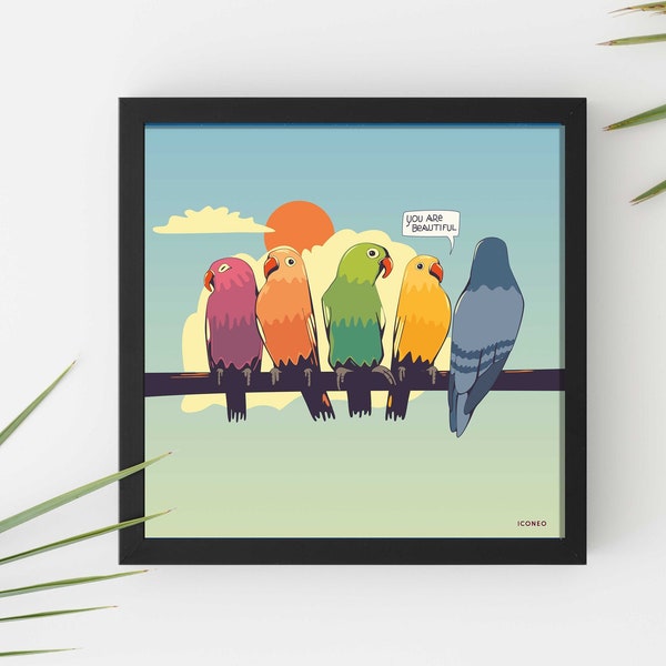 Art print "You Are Beautiful" / Exotische Vögel, Papagei und Taube / Illustration by ICONEO