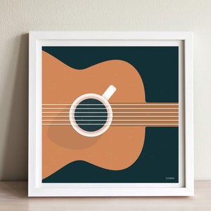 Gitaar en koffie/kunstprint, poster, kaart, plakkaat. Creatieve illustratie door ICONEO. Voor de keuken, de woonkamer.