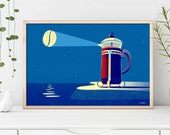 Frenchpress Coffee Lighthouse Art Print for the Kitchen Illustration by ICONEO