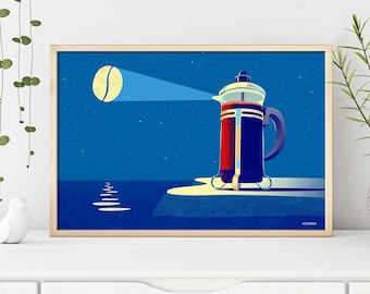 Frenchpress Coffee Lighthouse / Art Print for the Kitchen / Illustration by ICONEO