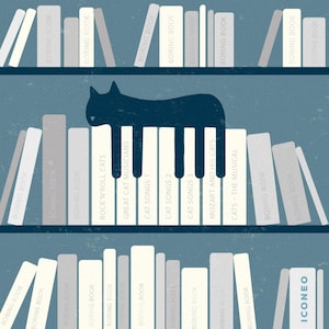 The musical cat on the bookshelf / card / poster