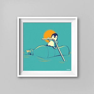 Stand Up Paddle Pinguin Karte, Poster, Kunstdruck. Pinguin auf Plastikflasche mit Strohhalm. Von ICONEO