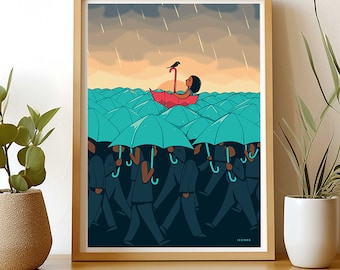 Art print: Little girl and bird friend in umbrella boat / by ICONEO