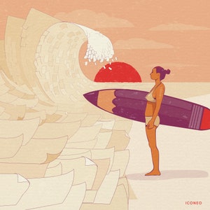 Mujer con un lápiz como tabla de surf mira un mar de páginas de papel en blanco como una ola en la puesta de sol / impresión artística, tarjeta, póster