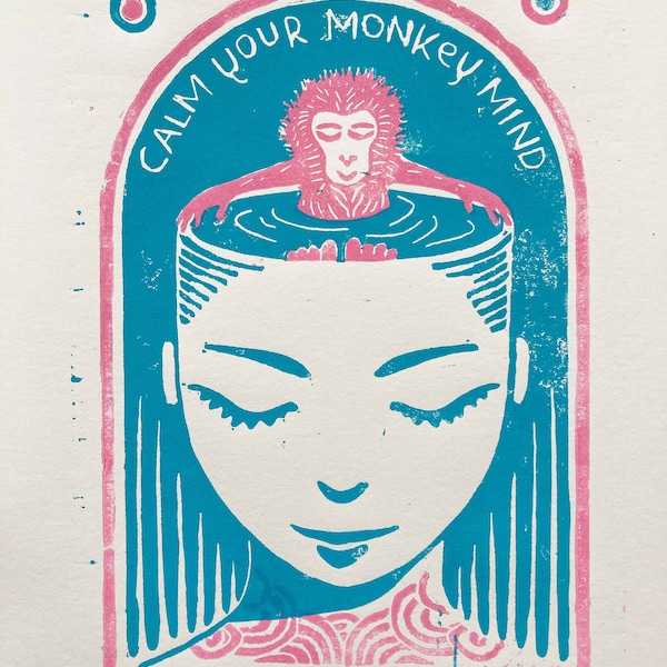 Linoldruck "Calm your monkey mind" / Zwei Farben, Auflage: 42 Stück, nummeriert und signiert von ICONEO, gedruckt auf 170g Papier (DIN A3)