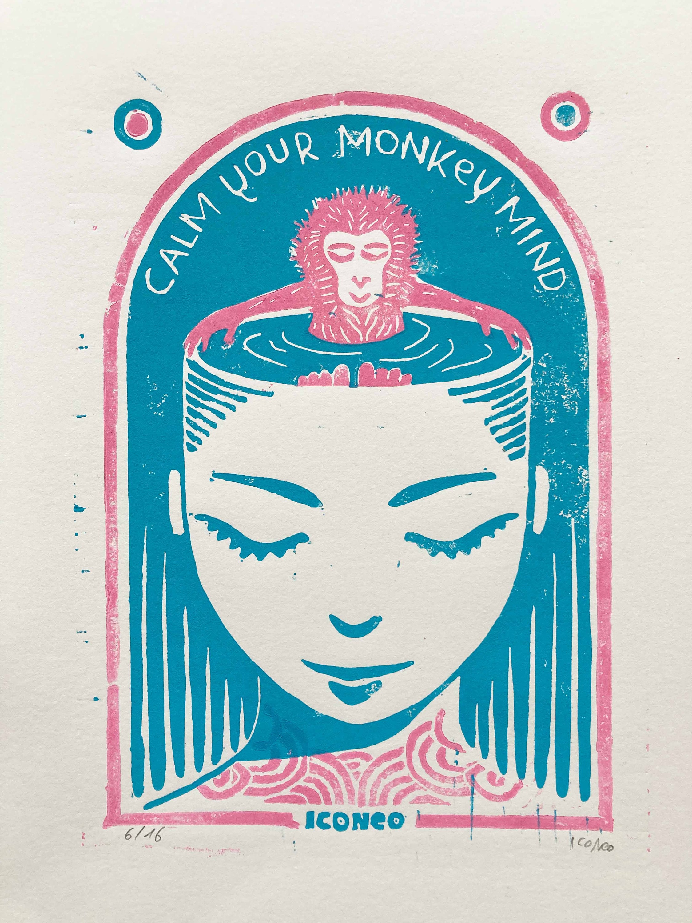Linocut print "Calm your monkey mind" / Two colors, edition: 42 pieces, numbered and signed by ICONEO, printed on 170g paper (DIN A3)
