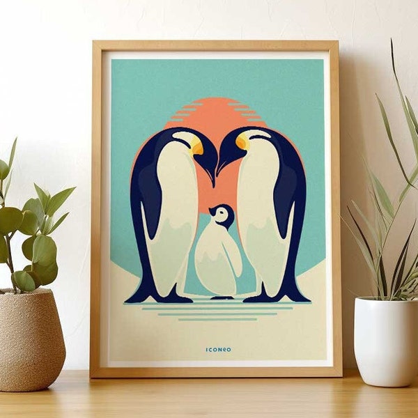 Poster: Penguin parents and their baby / HOPE / Minimal art