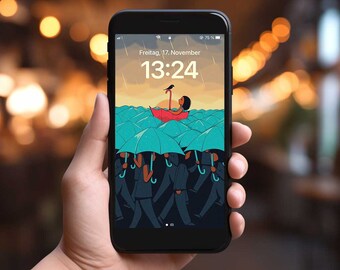 Phone Wallpaper &quot;Little girl in red umbrella boat&quot; / digital file / illustration by ICONEO