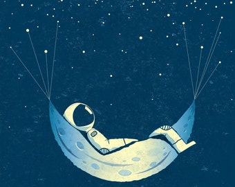 Poster "Astronaut in Moon Hammock" with stars in space / art print, poster / by ICONEO