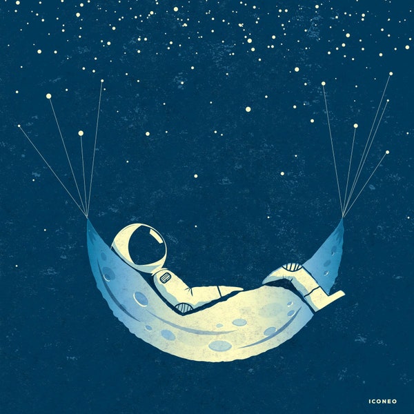Poster "Astronaut in Mond-Hängematte" mit Sternen im Weltall / Kunstdruck, Plakat / von ICONEO