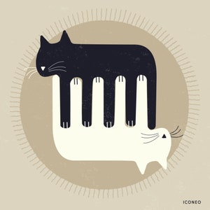 Le chat Ying-Yang. Impression d’art, carte, affiche, pancarte. Deux chats, noir et blanc, se blottissent confortablement sur une couverture. Pour les amoureux des chats