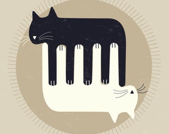The Ying-Yang cat. Art print, card, poster. Two cats, black and white, cuddling comfortably on a blanket. For cat lovers