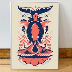 May include: A framed art print featuring a stylized illustration of marine life. The artwork showcases a central octopus with a turtle, whale tail, seahorses, and coral in shades of coral, navy blue, and cream. The text "ICONEO" is at the bottom.