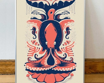 Der meditierende Oktopus auf einer Muschel mit Seepferdchen, Schildkröte, Qualle, Seestern, Welle und Walflosse