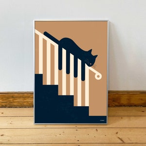 Poster: "The lazy cat on the stairs". Minimalist illustration by ICONEO. Poster, postcard, picture, art print
