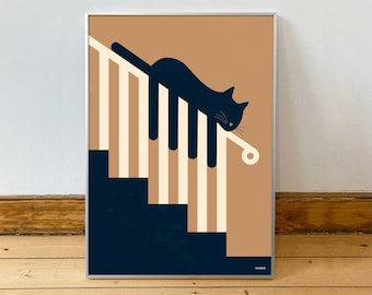 Poster: "The lazy cat on the stairs". Minimalist illustration by ICONEO. Poster, postcard, picture, art print