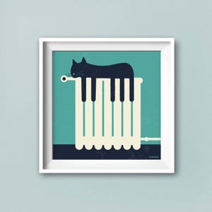 Le chat sur le radiateur chaud et le clavier du piano. Impression d'art, carte, affiche. Illustration créative par ICONEO.