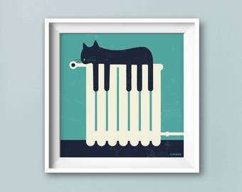 Winter mood cat with (hidden) piano keys. Fine art print, poster, card. Creative illustration by ICONEO