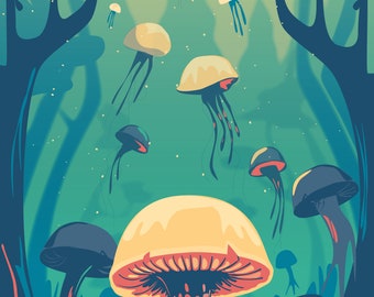 Mushroom jellyfish transformation poster / everything is connected / by ICONEO