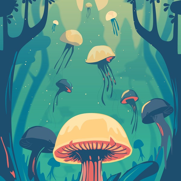 Mushroom jellyfish transformation poster / everything is connected / by ICONEO