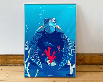 Protect what you love / Turtle and the last coral / oceanart / poster, card, print / save the earth, save the planet, under water art