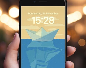Phone Wallpaper "Paper ship with sailboat reflection" / digital file /  illustration by ICONEO
