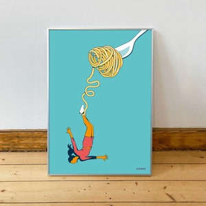 Kitchen poster "Bungee noodles" / A6 to A2 / Poster for the kitchen / Outdoor sports, cooking spaghetti/ Illustration by ICONEO