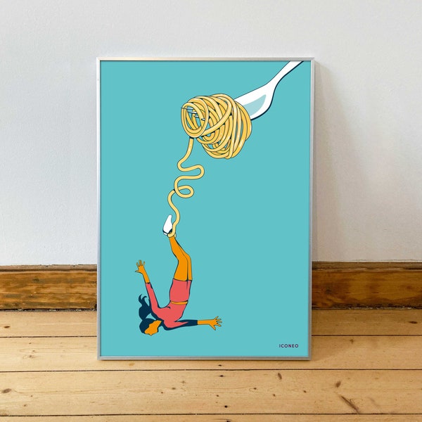 Küchen-Poster "Bungee noodles" / A6 bis A2 / Plakat für die Küche / Outdoor sports, cooking spaghetti/ Illustration by ICONEO