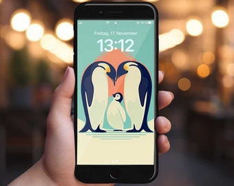 Phone Wallpaper "Penguin parents and baby penguin" / digital file /  illustration by ICONEO