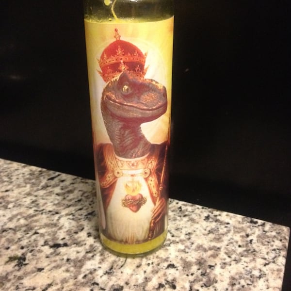 Raptor Jesus Funny Prayer Candle, Dinosaur prayer Candle, Funny Religious Candle