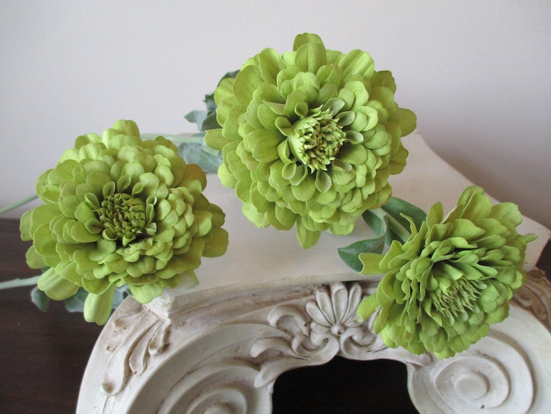 3 Green Zinnia Floral Stems 26 Long Stem 3.5 Wide Bloom Silk Floral Supplies DIY Home Decor Flowers #221B