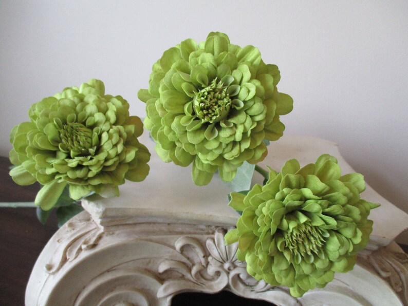 3 Green Zinnia Floral Stems 26 Long Stem 3.5 Wide Bloom Silk Floral Supplies DIY Home Decor Flowers #221B
