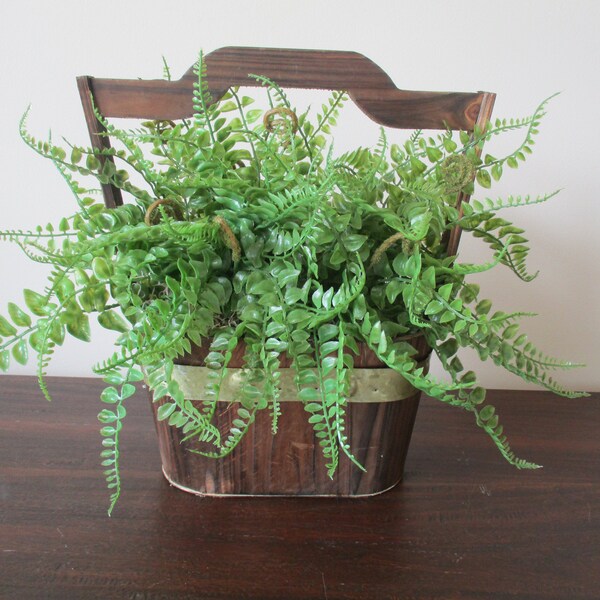 Greenery Country Farmhouse  Rustic Wooden Barrel Trug With Ferns Greenery Centerpiece Home Accent Potted Greenery Rustic Centerpiece #518