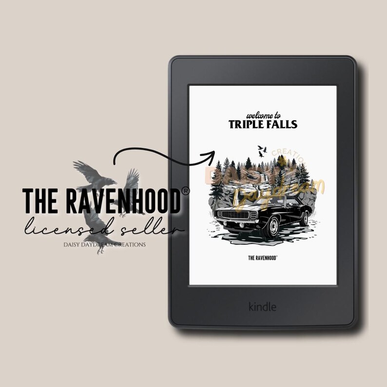 May include: A black and white illustration of a classic car driving through a forest with the text "welcome to TRIPLE FALLS" above it. The image is on a white background and has the text "THE RAVENHOOD" at the bottom.