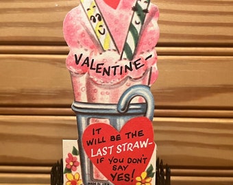 Vintage Valentine Card for Valentine's Day Darling Little Card w/ Envelope Anthropomorphic Straws in a Pink Soda Float Unused HTF Minty!