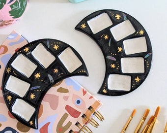 Paleta de pintura de la luna, Paleta de acuarela, Bandeja de pintura cerámica, Bandeja de mezcla, Bandeja de maquillaje, Regalo de fase lunar, Regalo de paleta celestial, Cielo nocturno