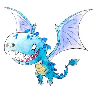 Könnte beinhalten: Eine Aquarell-Illustration eines blauen und gelben Cartoon-Drachen mit ausgebreiteten Flügeln. Der Drache hat ein breites Lächeln und fliegt.