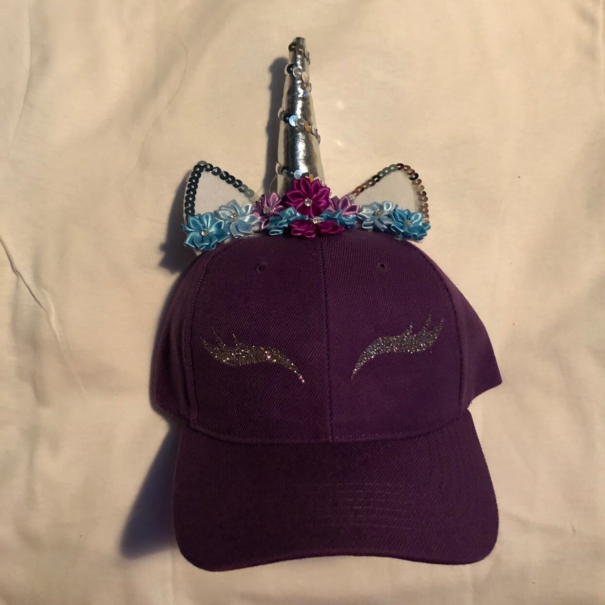 Purple Unicorn Hat With Ears and Silver 