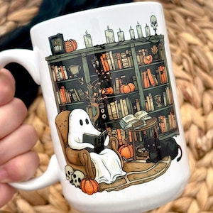 Ghost Reading Book Mug / Ghost Mug Cup / Halloween Glass Tumbler / Spooky Tumbler / Pumpkin Cup / Book Gifts / Teacher Mug Cup image 1