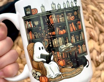 Ghost Reading Book Mug / Ghost Mug Cup / Halloween Glass Tumbler / Spooky Tumbler / Pumpkin Cup / Book Gifts / Teacher Mug Cup