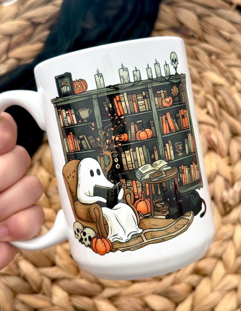 Ghost Reading Book Mug / Ghost Mug Cup / Halloween Glass Tumbler / Spooky Tumbler / Pumpkin Cup / Book Gifts / Teacher Mug Cup image 1