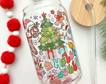 Holly Jolly Glass Cup / Christmas Glass Cup / Iced Coffee Glass / Christmas Tumbler / Christmas Gift / Retro Christmas