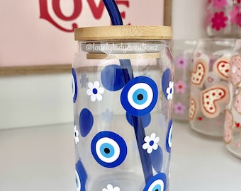 Evil Eye Glass Cup / Iced Coffee Glass / Good Vibes Glass Cup / Cute Coffee Cup / Blue Evil Eye Cup / Evil Eye Gifts