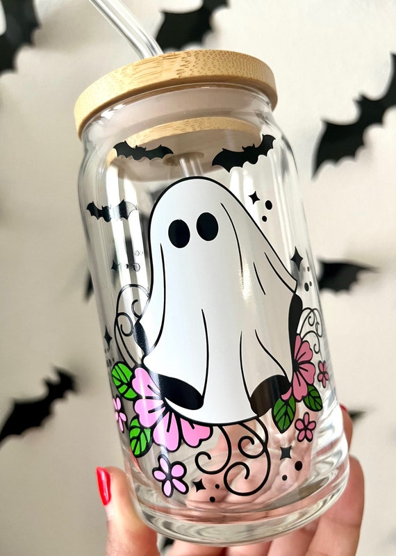 Floral Ghost Cup Halloween Glass Cup Spooky Season Cup -  in