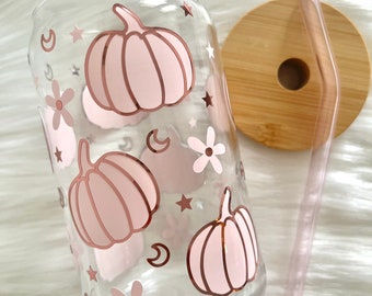 Pumpkin Glass Cup / Pink Pumpkins Cup / Halloween Glass Cup / Iced Coffee Glass / Fall Cup / Spooky Glass Cup / Halloween Cup / Autumn Cup