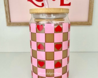 Checkered Hearts Glass Cup / Valentines Glass Cup / Iced Coffee Glass / Hearts Glass Cup / Cute Coffee Cup / Valentines Gift / Gifts for Her