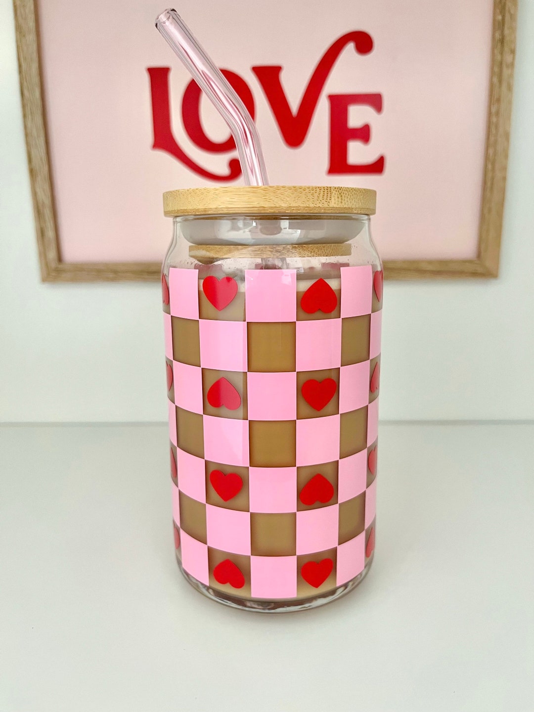 Checkered Hearts Glass Cup / Valentines Glass Cup / Iced Coffee Glass
