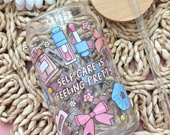 Self Care Is Feeling Pretty Glass Cup / Coquette Girly Cup / Flowers Glass Cup / Gifts for Her / Cute Glass Cup / Iced Coffee Cup / Bows Cup
