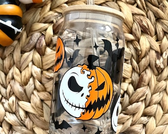 Pumpkin Glass Cup / Skull Glass Cup / Iced Coffee Glass / Beer Can Glass Cup / Spooky Glass Cup / Halloween Cup
