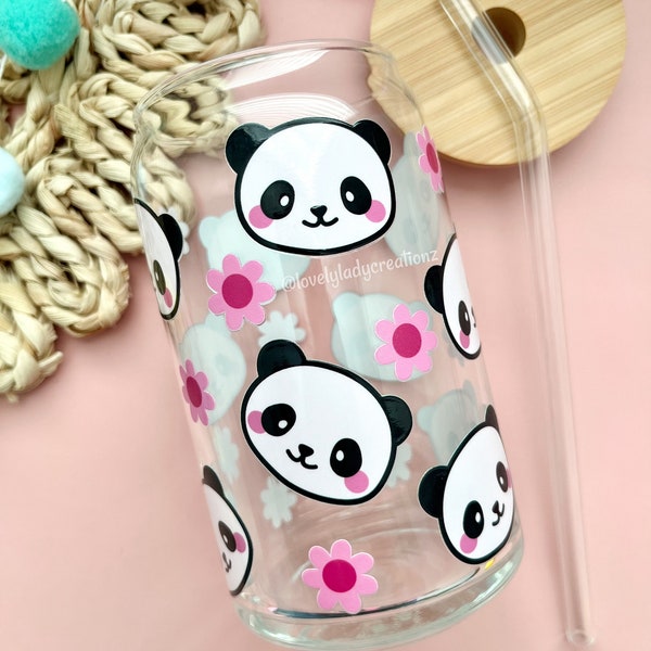 Cute Pandas and Daisies Glass Cup / Spring Glass Cup / Iced Coffee Glass / Cute Coffee Cup / Gifts for Her